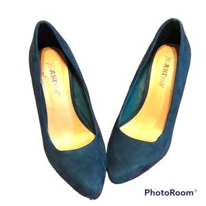 Dark teal suede stiletto heel pumps